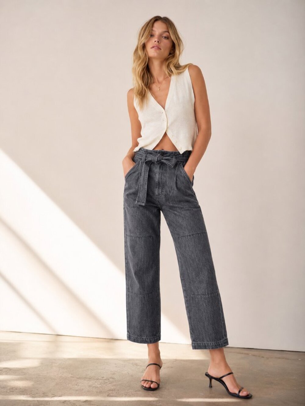 Rag & Bone Super High Rise Paper Bag Relaxed Wide Leg Pants in Washed Black